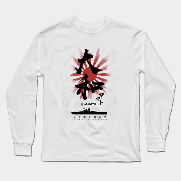 IJN Yamato Battleship Calligraphy Long Sleeve T-Shirt by Takeda_Art